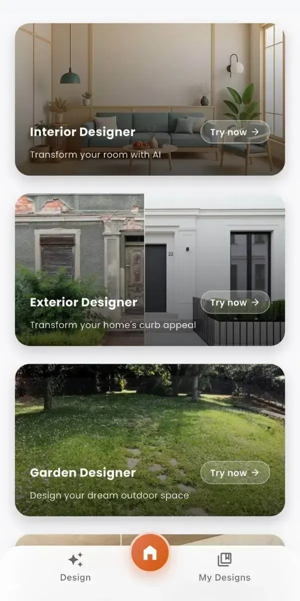 Vorschau der DecorAI KI Wohndesign App auf dem iPhone mit Vorher Nachher Ansicht eines Wohnzimmers