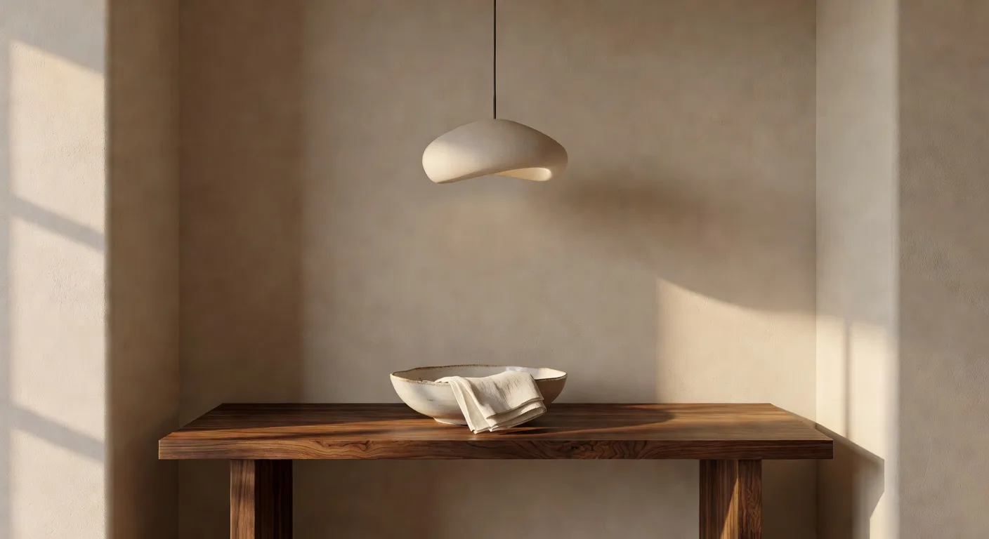 Warmer Eingangsbereich mit Walnusskonsole entworfen mit der DecorAI KI Raumgestaltung App auf decorai-app.de