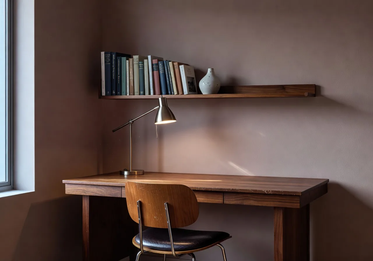 Konzentriertes KI Arbeitszimmer in warmen Taupe-Tönen entworfen mit der DecorAI KI Raumgestaltung App
