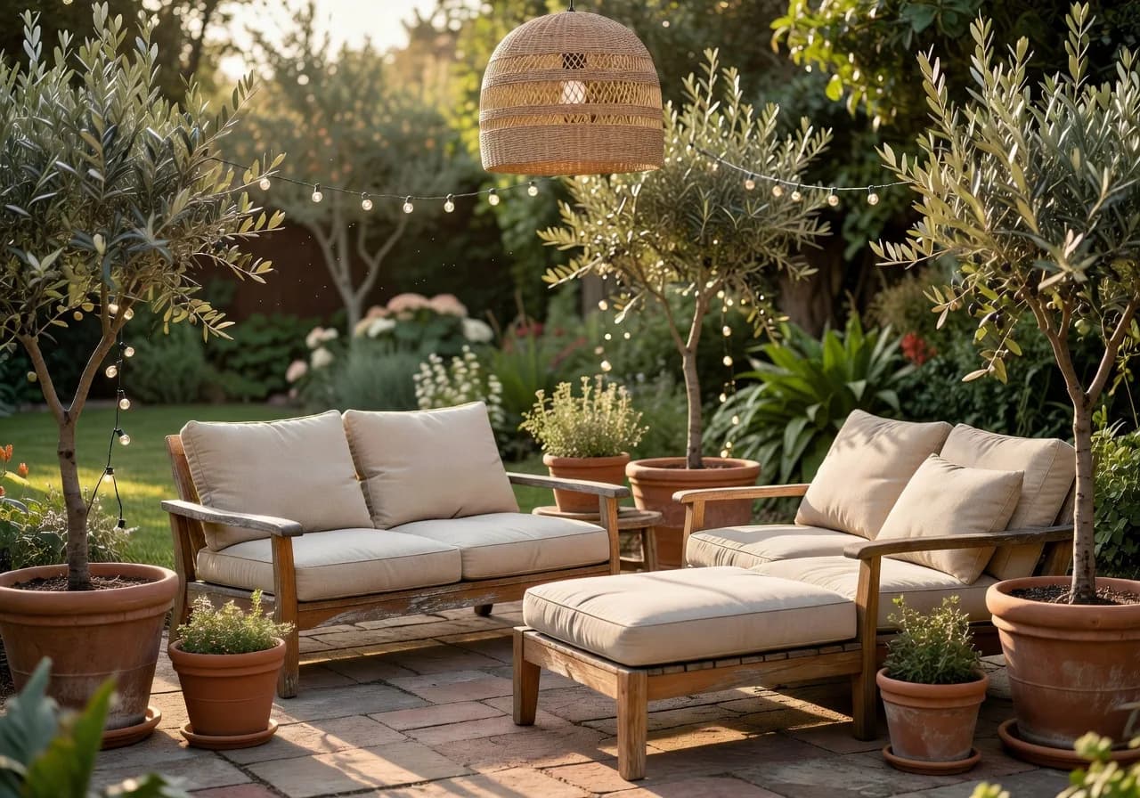 KI Garten Design mit Teakholzmöbeln und Terrakotta Töpfen entworfen mit der DecorAI KI Innendesign App