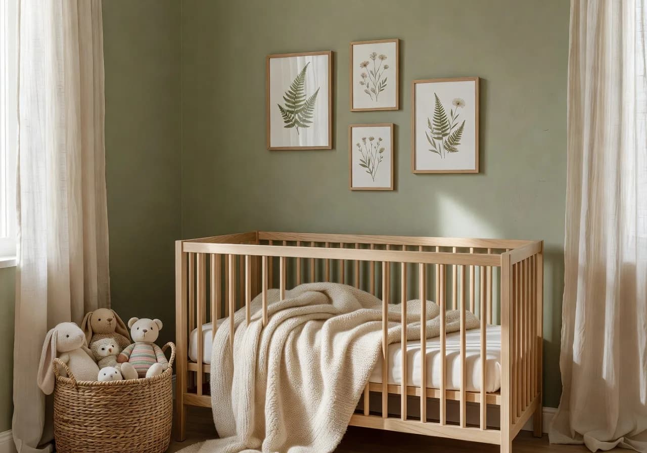 Sanftes KI Kinderzimmer in Salbeigrün und Naturtönen entworfen mit der DecorAI KI Wohndesign App