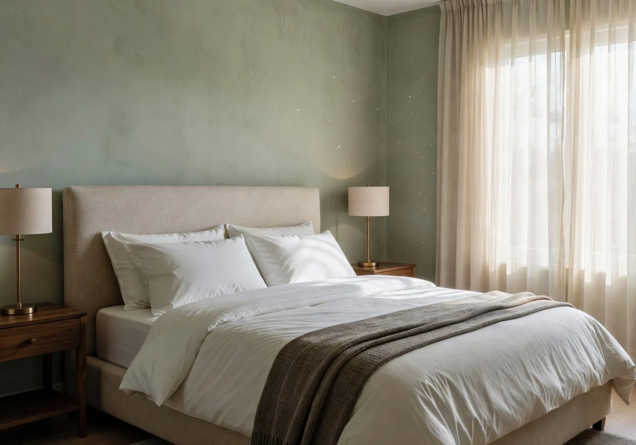 KI Schlafzimmer Design in ruhigem Salbeigrün erstellt mit der DecorAI KI Innendesign App