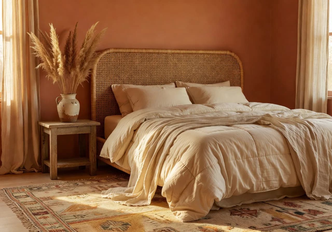 Boho Schlafzimmer mit Rattan und Terrakotta erstellt von der DecorAI KI Raumgestaltung App