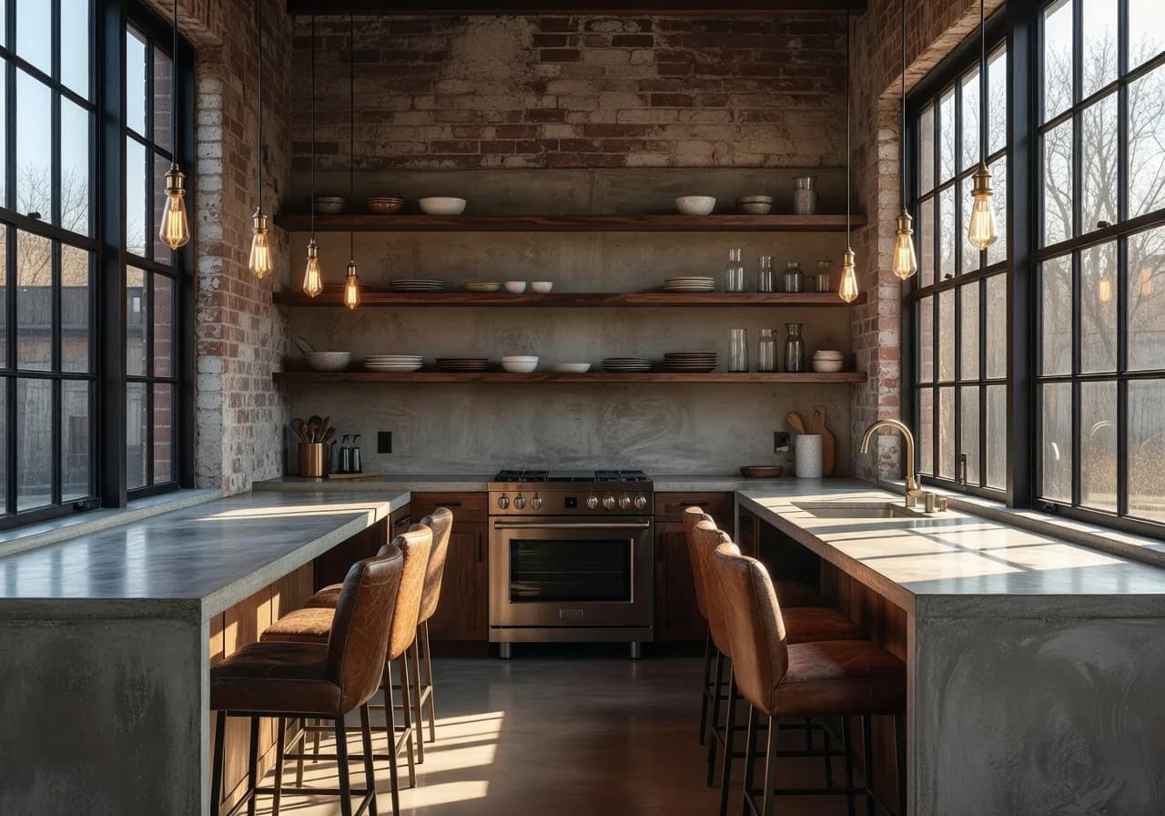 Industrial Loft Küche mit schwarzem Stahl und Beton entworfen mit der DecorAI KI Innendesign App