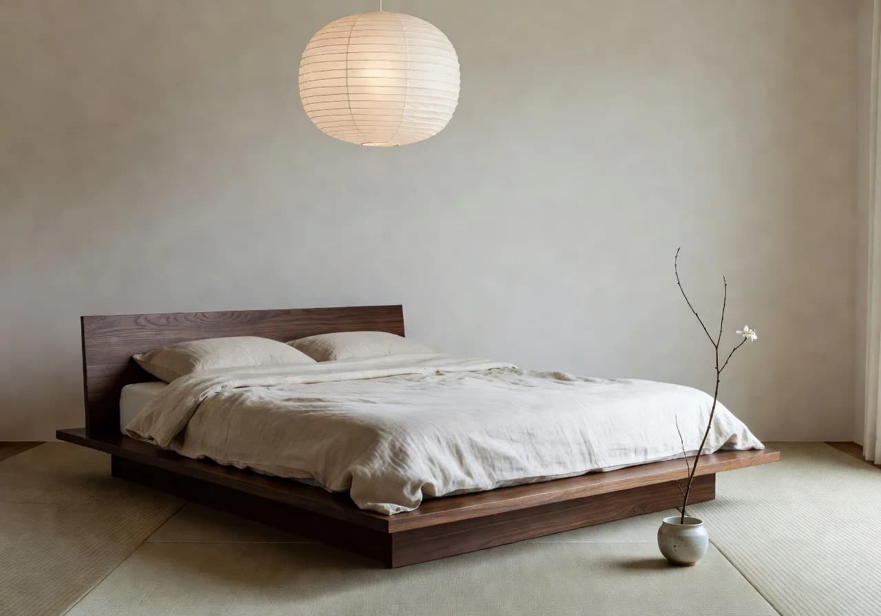 Schlafzimmer im Japandi Stil mit niedrigem Holzbett entworfen mit der DecorAI KI Raumgestaltung App