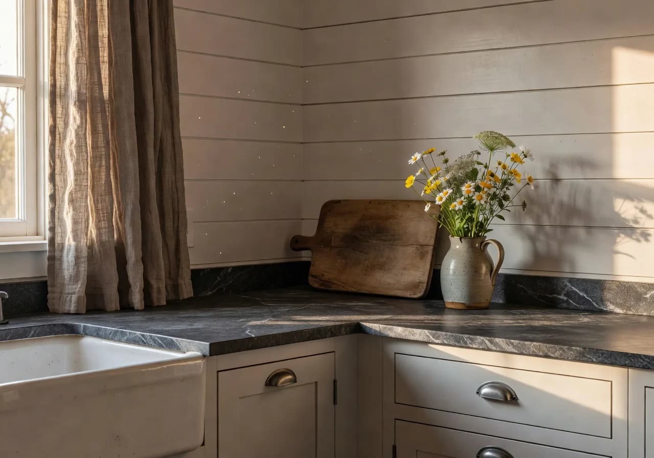Gemütliche Landhaus Küche mit Shiplap und Speckstein entworfen mit der DecorAI KI Wohndesign App