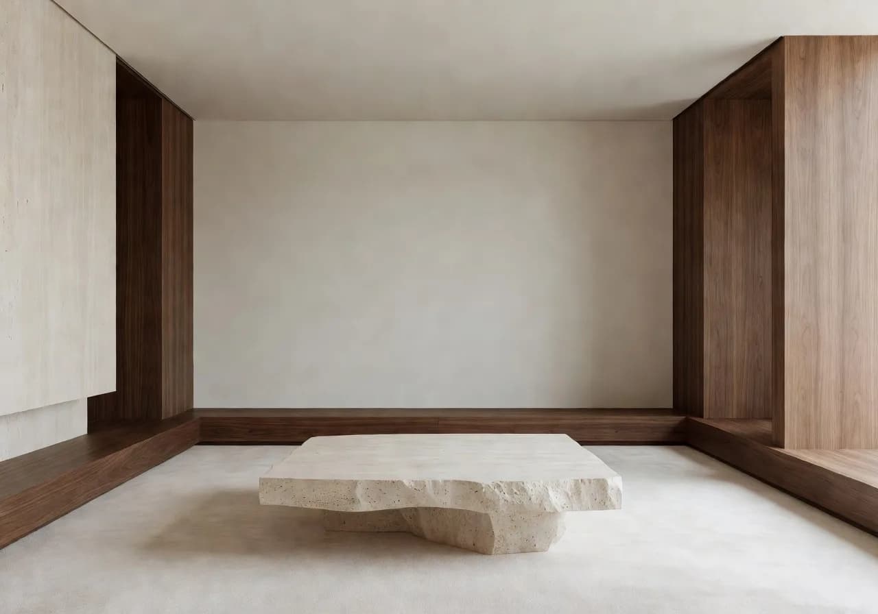 Modernes minimalistisches Wohnzimmer mit Travertin Couchtisch entworfen mit der DecorAI KI Wohndesign App