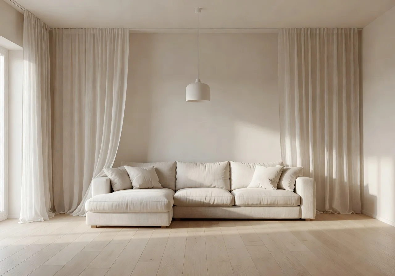 Skandinavisches Wohnzimmer mit hellem Eichenholz und Leinen erstellt von der DecorAI KI Innendesign App